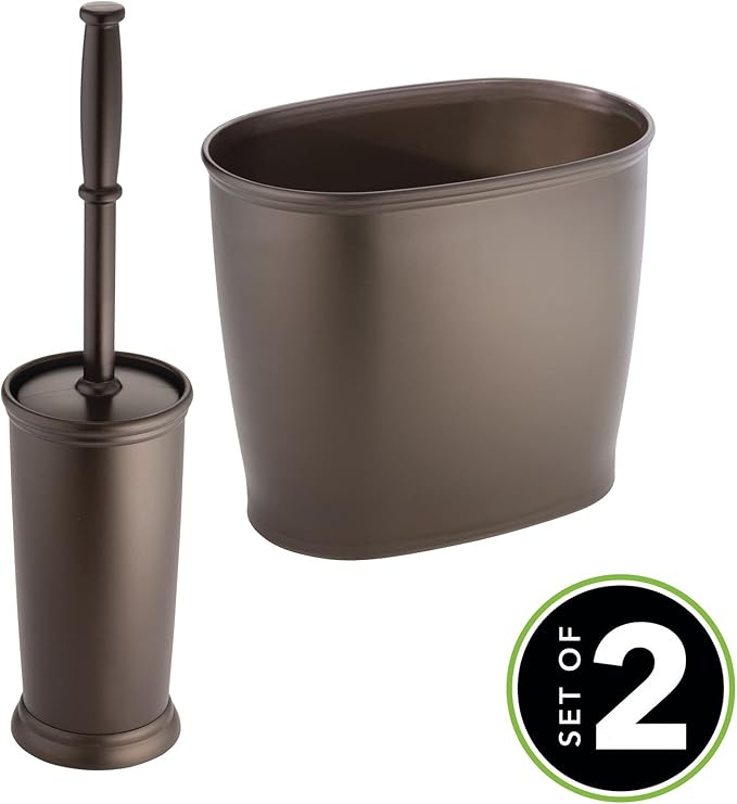 mDesign Plastic Compact Toilet Bowl Brush, Round Slim Wastebasket, Garbage Can/Recycling Bin Combo - Bathroom Cleaning/Storage, Holds Tissue, Cotton Balls, Trash, Hyde Collection, Set of 2, Bronze