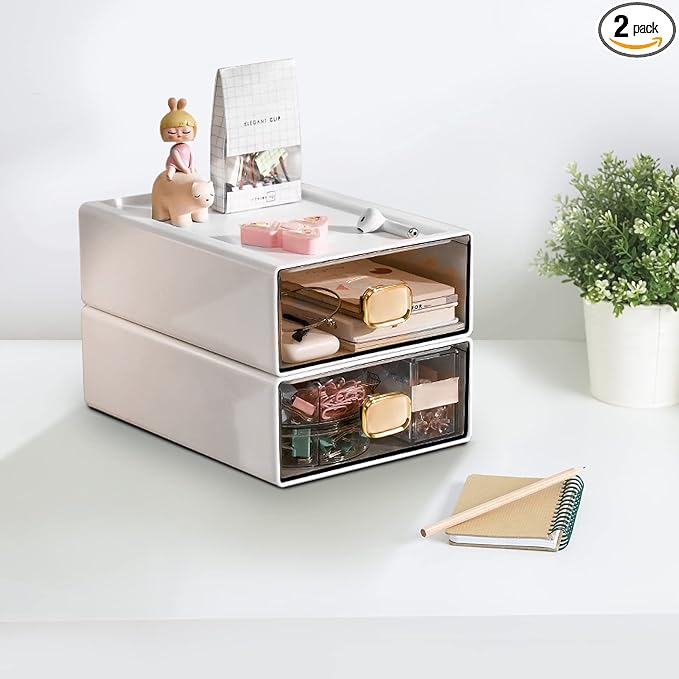 2 PACK Stackable Desk Organizer Stackable Storage Drawer Small Desk Organizer with Drawer Plastic Desktop Storage Organizer for Home, Office, Crafts, Pencils (White, M-1 Drawer, Pack of 2)