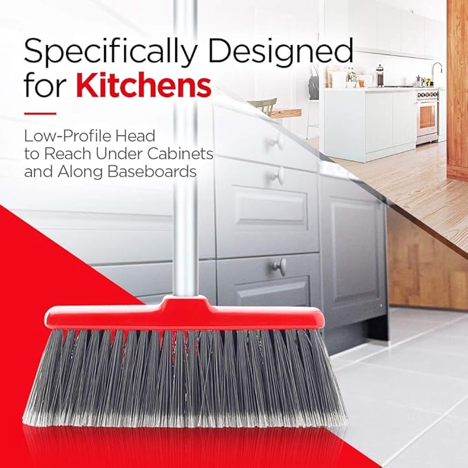 Fuller Brush Adjustable Kitchen Broom – 10" Wide Broom Head with Split-End Bristles and Steel Handle (29"–52") for Sweeping Fine Dust and Crumbs – Red (Fiesta Broom Complete)