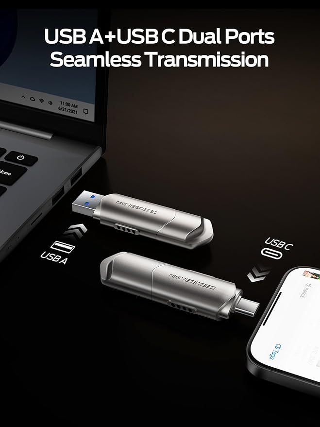 MOVE SPEED USB Drive 512GB External SSD 1000MB/s USB 3.2 Gen2+USB C Dual Ports Portable Zinc Alloy Thumb Drive Stick, External Drive with Metal Casing for iPhone 15/16/17 Series/Mac/Android Phone