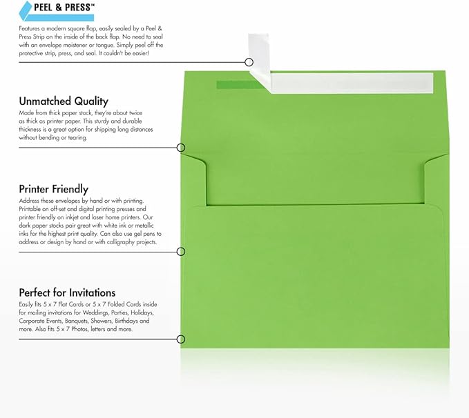 LUXPaper A7 Invitation Envelopes | Peel & Press | 5 1/4" x 7 1/4" | Limelight Green | 80lb. Text | 1,000 Qty