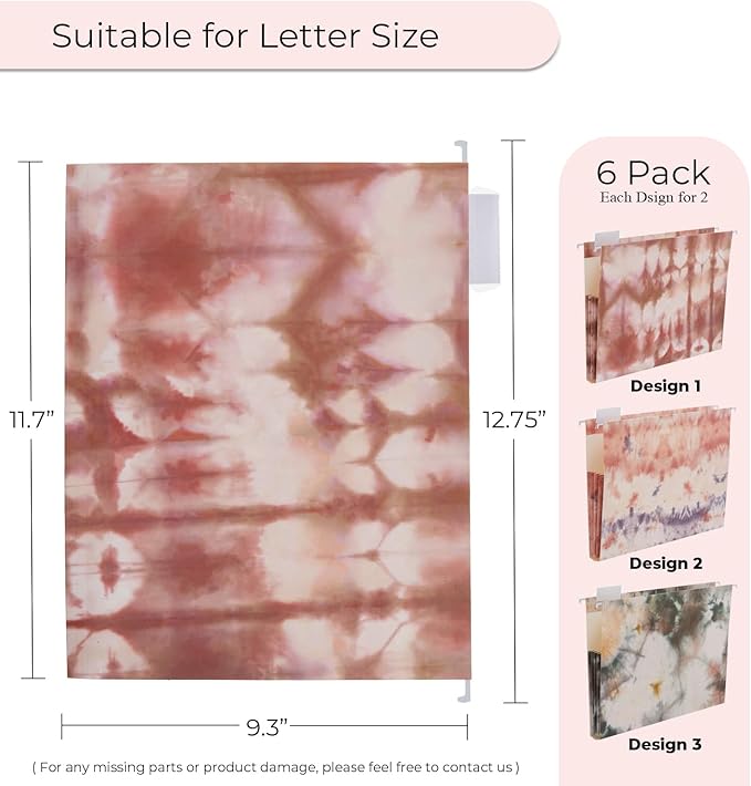 Y YOMA Letter Size - 6 Pack Extra Capacity Hanging File Folders with Pocket Accordion Decorative File Folder Cute Colored Expandable Folder for Office with 1/5-Cut Adjustable Tabs, Tie-dye Pattern