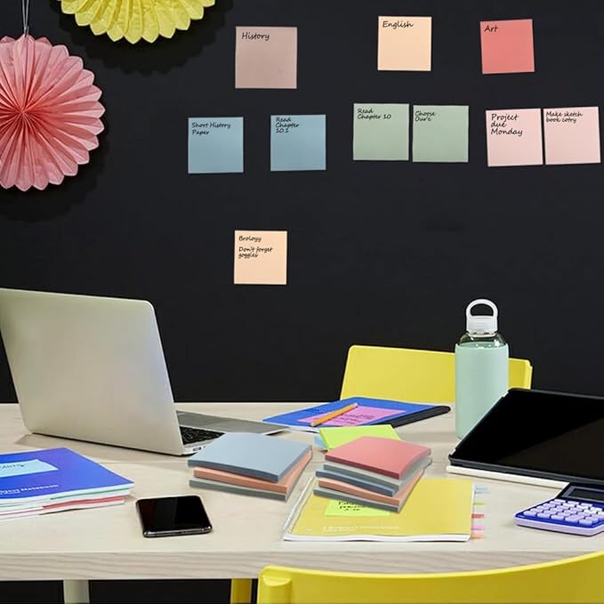 12 Pack Sticky Notes,3X3 in Vintage Colors Sticky Notes,600 Sheets Self-Stick Note Pads,Super Adhesive Memo Pads, Easy to Post Notes for Study, Works and Daily Life (3x3 inch)