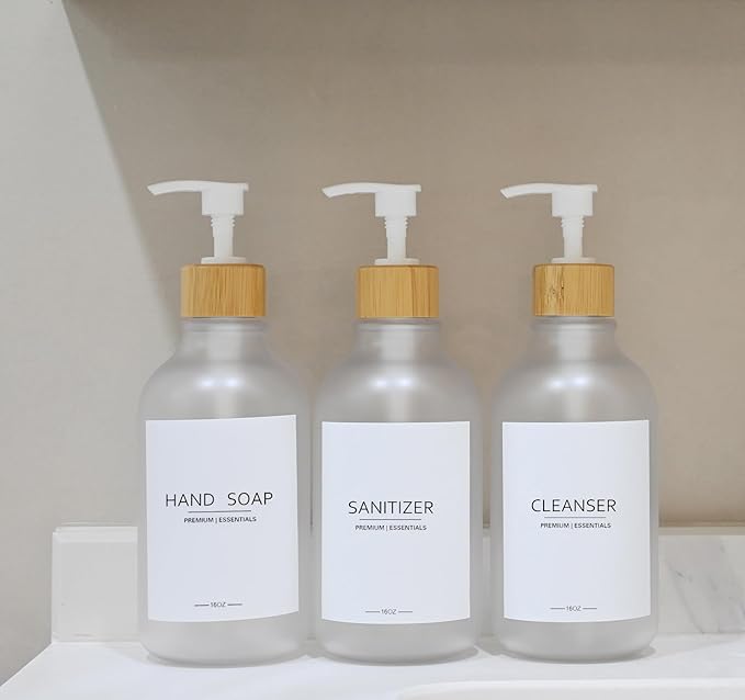 Frosted Plastic Shampoo and Conditioner Bottles, Apothecary Dispenser Bamboo Pump, Refillable Bottles for Shower Lotion, Oil, Hand Soap, Sanitizer, Liquid Soap, Set of 3 with 9 Labels (6, Matte Clear)