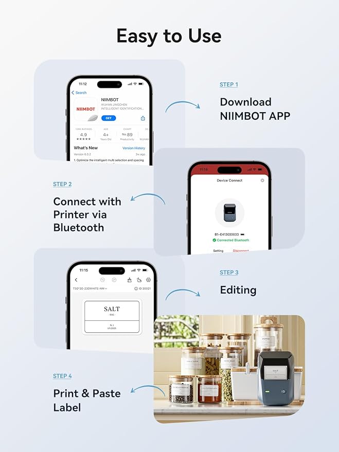 NIIMBOT B1 Label Maker Machine with 3 Tapes, 50x30mm/50x80mm/ 50x50mm Round Labels, Bluetooth Thermal Label Printer for Small Business,Office,Home,School (Blue, 1 Printer+3 Roll Label)