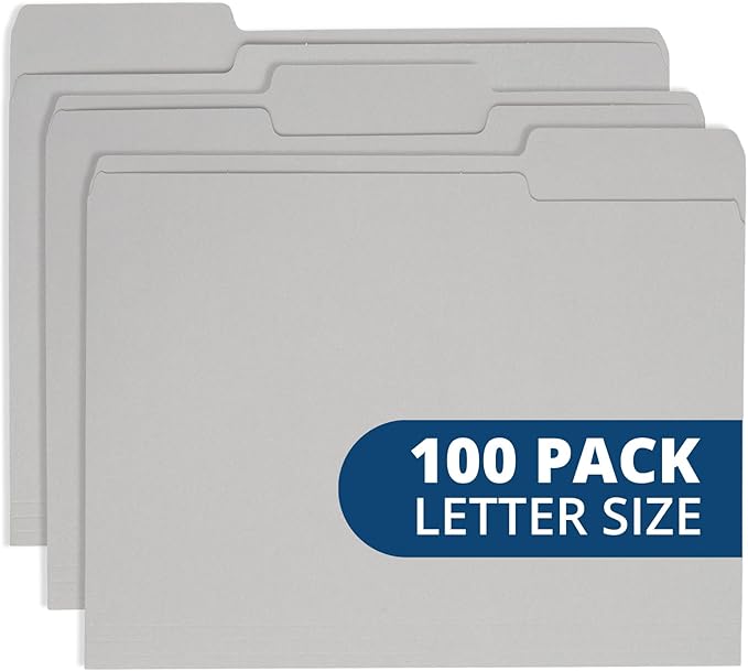 100 Blue Summit Supplies Gray File Folders Letter Size - Durable 11pt Grey Folders, 1/3 Cut 3 Tabs Gray Folders, Holds Letter Size Documents