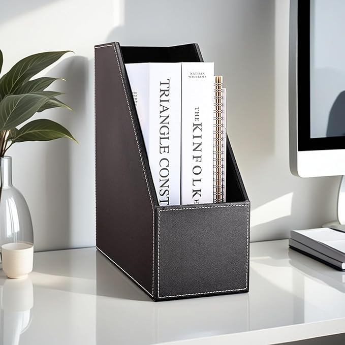 KINGFOM Wooden Leatherette Desktop File Folder Organizer and Document File Stand Journals Magazine Rack 2 Slots (black)