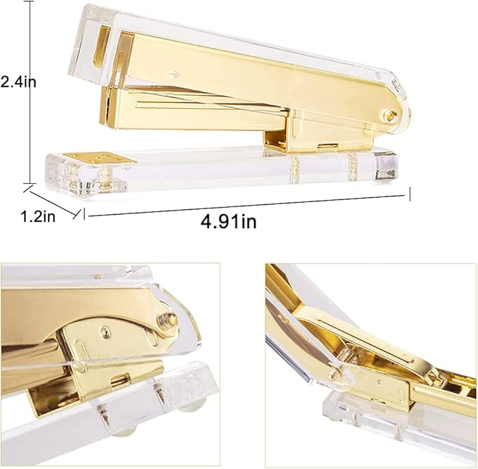 Acrylic Gold Tape Dispenser Gold Desktop Stapler, Acrylic Office Supplies Includes Staple Remover, Tape, 1000pcs Staples Desk Accessory Kit, Cute Office Stapler Set for Modern Design Office Desktop