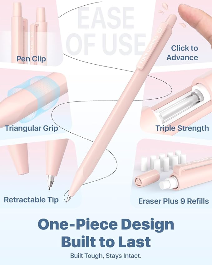 Four Candies Mechanical Pencils 0.9mm, with HB & 2B Lead Refills 0.9 mm, Pastel Eraser Set & Eraser Refills, 16-Count Pack with Case, Cute Aesthetic School Supplies for Writing, Drawing and Sketching