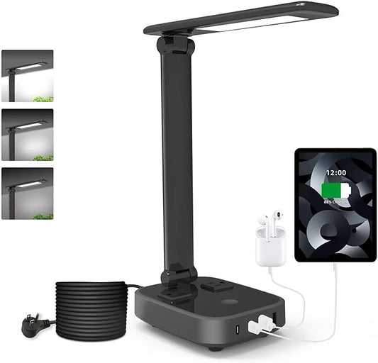 LED Desk Lamp with 4 USB Charging Ports and 2 AC Outlets,5ft Extension Cord Power Strip Station, 3 Level Brightness, Touch Dimmer Control, Office Table Eye Care Lamp Bedroom Hotel