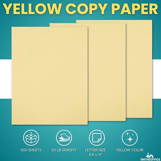 1InTheOffice Yellow Copy Paper, Yellow Colored Copy Paper, Printer Paper 8.5 x 11 inch Letter Size, 20lb Density, (500 Sheets)