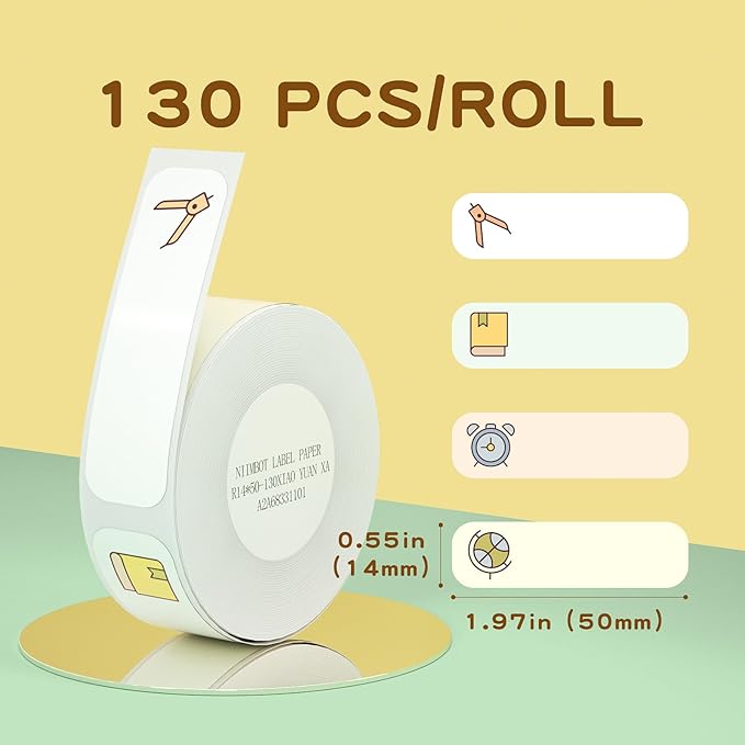 NIIMBOT D11 Label Maker Tape D110, 130 Labels/Roll, White, 14 X 50mm, Thermal Label Tape for School, Household, Office, Multi-purpose