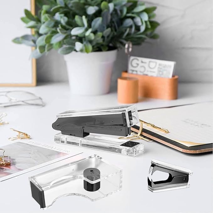Acrylic Black Tape Dispenser Black Desktop Stapler, Acrylic Office Supplies Includes Staple Remover, Tape, 1000pcs Staples Desk Accessory Kit, Cute Office Stapler Set for Modern Design Office Desktop