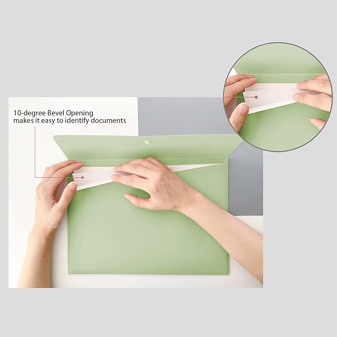 VANRA Poly File Folders Letter Size File Jackets Organizer Plastic Envelope A4 Flat Document Holder with Snap Button Closure (Pastel Green, Pack of 5)