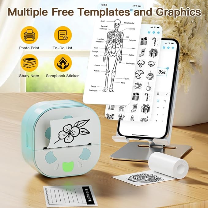 Portable Thermal Printer with 3 Rolls Stickers Paper, Mini Sticker Printer, Bluetooth Inkless Pocket Printers, Sticker Maker Print Pod for Notes, Journal, DIY, Kids Gift