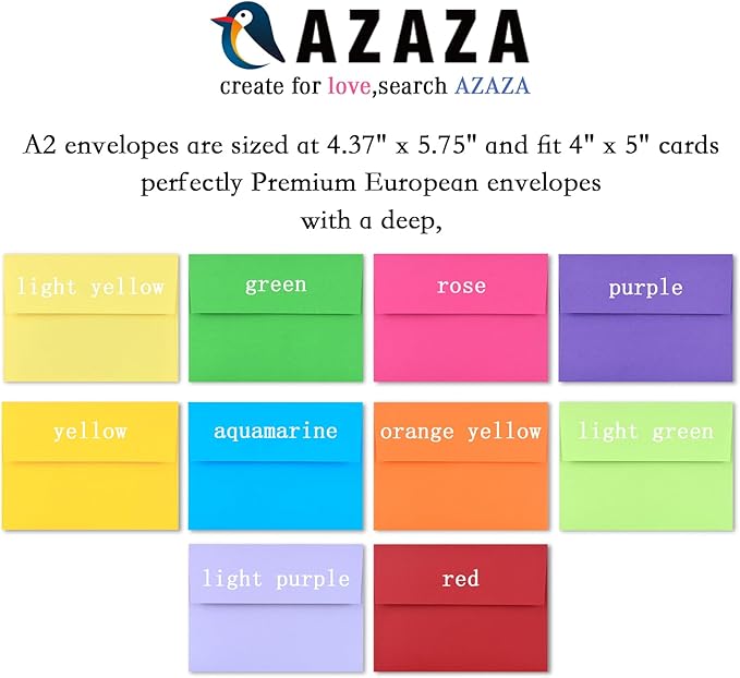 AZAZA 50 Pack A2 Envelopes for Invitations, 4.37x5.75, Multicolor Self Seal, Printable for Wedding, Baby Shower, 4.37x5.75 Cards