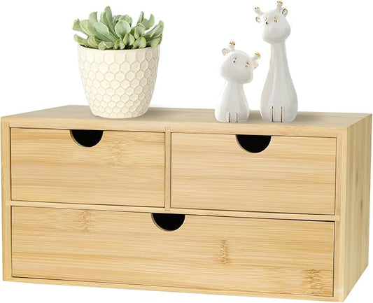 Bamboo Desk Organizer, 3 Drawer Desktop Organizer, Tabletop Storage Organization Box for Bills, Countertop, Home Office Supplies