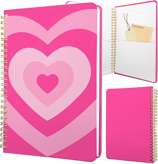 Cute Spiral Notebook journal A5 Aesthetic Pretty Floral Design for Women Girls Kawaii with Pocket, 8.5 x 5.7 inch, Pink Heart