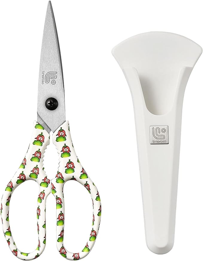 Linoroso Kitchen Scissors Heavy Duty Kitchen Shears with Magnetic Holder Made with Japanese Steel 4034, Multipurpose Ultra Sharp Cooking Scissors for Meat/Vegetables/BBQ/Herbs/Pizza (Graphic,Chili)