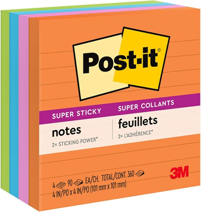Post-it Super Sticky Notes, 4x4 in, 4 Pads, 2X The Sticking Power, Rio de Janerio Collection, Bright Colors (Orange, Pink, Blue, Green),Recyclable (675-4SSUC)