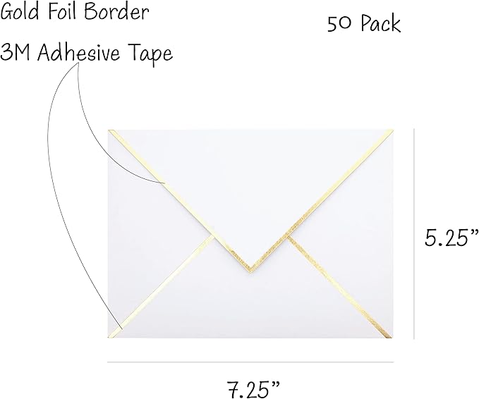 A7 Envelopes - V Flap Foil Border Luxury Mailing Envelopes for 5" x 7" Cards - for Wedding, Invitations, Baby Shower, Photos, Graduation, Birthday, Bridal Shower - 5.25" x 7.25" (White, 50 Pack)