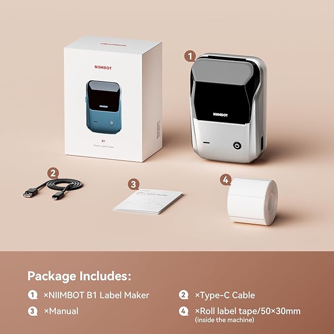 NIIMBOT B1 Label Maker Machine with Tape, 2 Inch Portable Sticker Printer for Home School & Small Business, Compatible with Phones & PC, Silver Gray