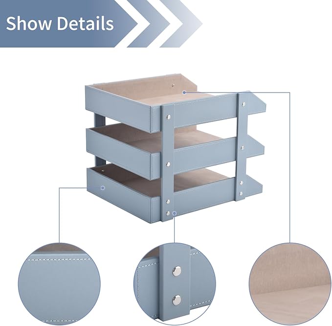 Leather Desk Organize Holder,3-Layer Stackable Letter Tray,Used to Store documents,Folders,Stationery,Magazines,Paper,and Other Home Office Supplies,Desk File Rack (Grey)