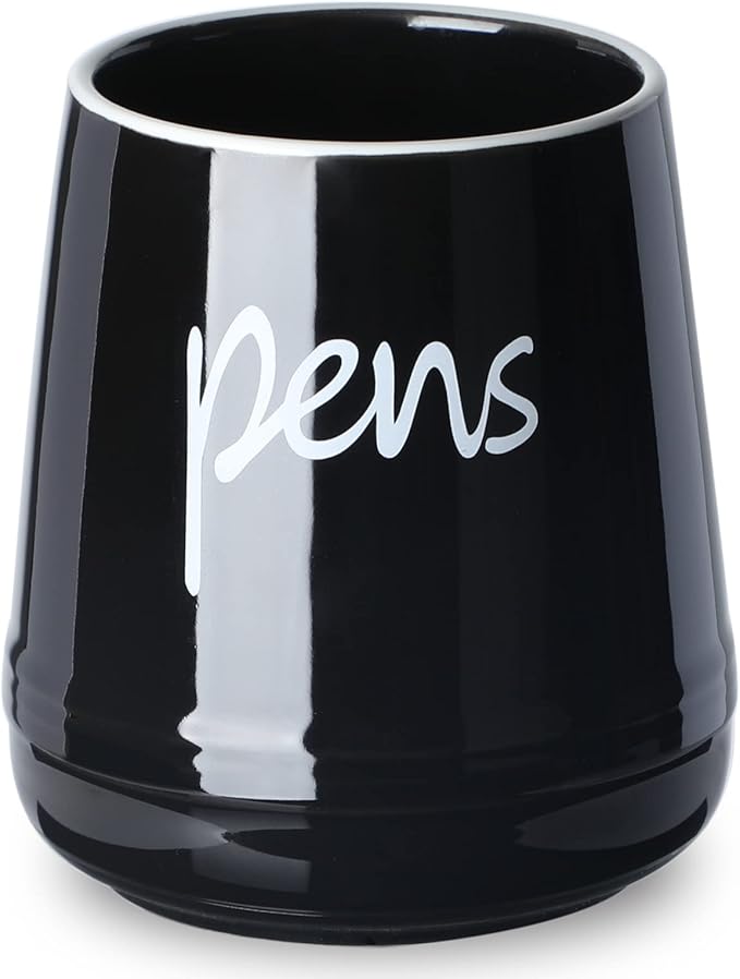 LEEOTYI Ceramic Farmhouse Pen Holder for Desk, Pencil Organizer 16 oz (Black)