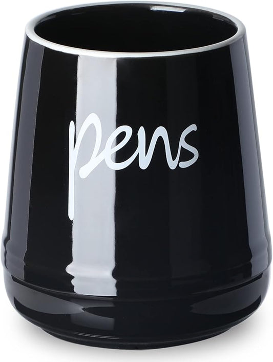 LEEOTYI Ceramic Farmhouse Pen Holder for Desk, Pencil Organizer 16 oz (Black)