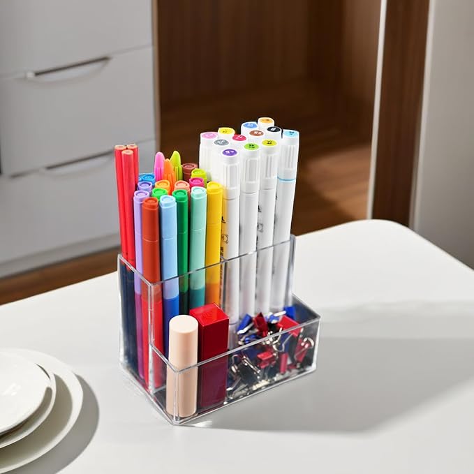 Desktop Clear Pen Holder with 3 Compartments, Acrylic Pencil Holders, Desk Organizers and Accessories