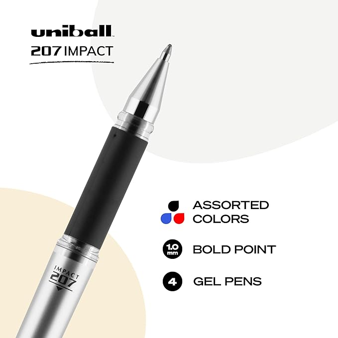 uniball™ 207 Impact Gel Pens, Bold Point (1.0mm), Assorted Colors, 4 Pack