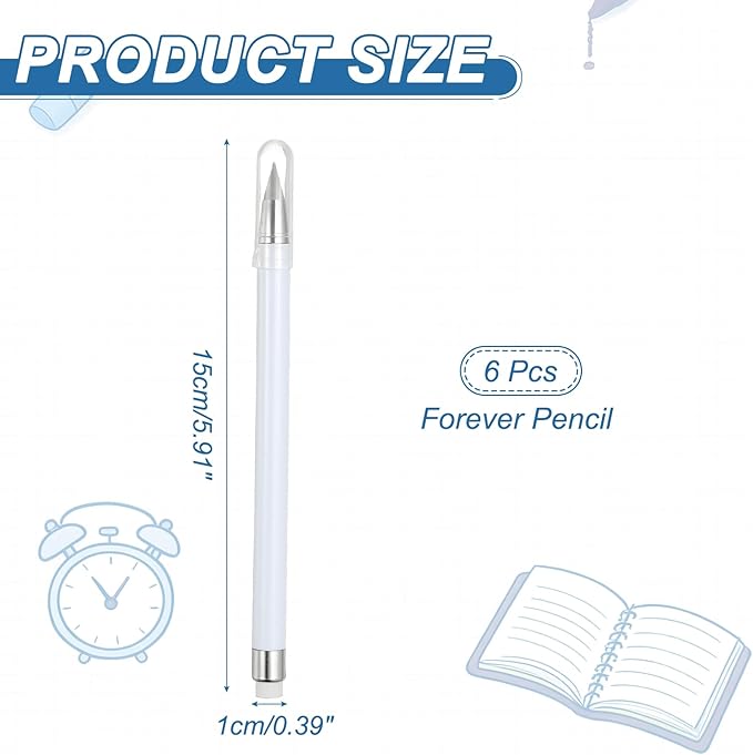 PATIKIL Forever Pencil, 6 Pcs Mechanical Sharpened Cute Metal Pencils Set for Coloring Book Sketch Drawing Writing Art Beginner, White