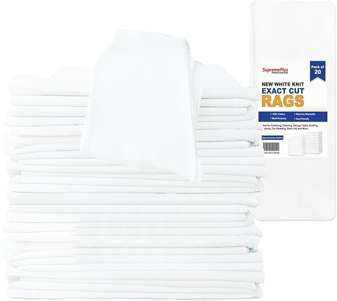 SupremePlus Premium Exact Cut White T-Shirt Cleaning Rags (20 Pieces) - 20"x20" Cotton Rag for Mechanic Shops, Cast Iron, Staining Wood, Painting & Households – Shop Rags Bulk