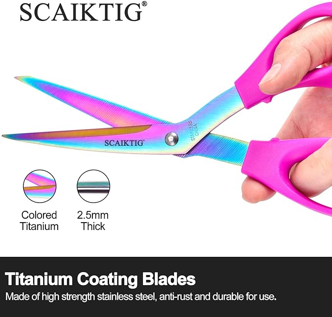 8.5‘’ Bent Fabric Scissors All Purpose Sharp Heavy Duty, Bent Shears for Sewing Crafting Cutting Clothes, Felt, Leather, Paper Supplies, Purple Handle and Titanium Coating Blades, 2-Pack