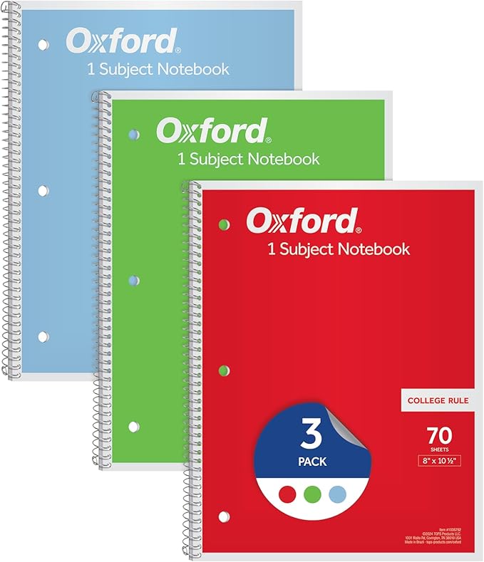 Oxford 1-Subject Notebooks, Notebooks for School, 8 x 10.5 Inches, College Rule, 70 Sheets, Assorted Primary Colors, 3 Pack, Colors May Vary (1006792)