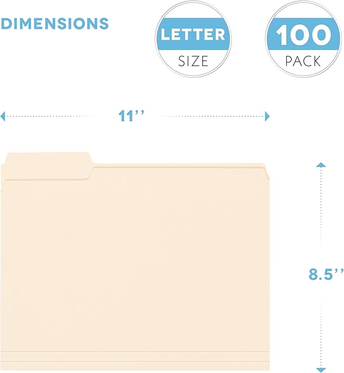 Manila Folders 8.5 x 11, Letter Size 100-Pack - File Folders for Documents 1/3-Cut Tabs, Assorted Positions, Folder Organizer for Home, Office or Classroom | Bulk Pack, Made in USA