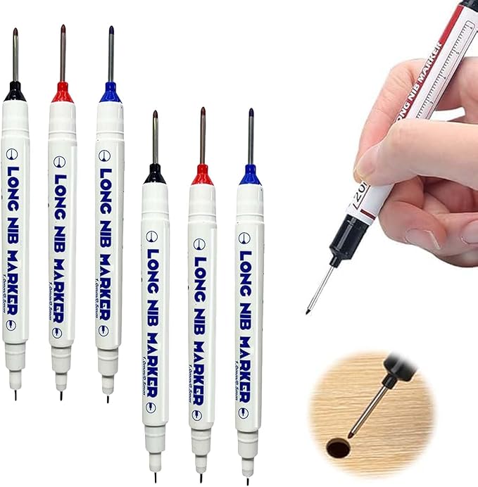 5PCS Long Head Deep Hole Marker Pens, 20mm Deep Reach Long Nose Markers, 45mm Permanent Markers Carpenter Ink Marker Pens, Waterproof Construction Markers Marking Tool, Metal Marking Pen (Mix A 6PCS)