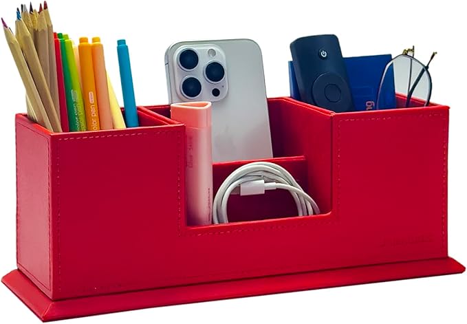 UnionBasic Desk Organizer, Desktop Caddy Leather Multi-compartment Pen Holder Office Stationer Organizer, Red