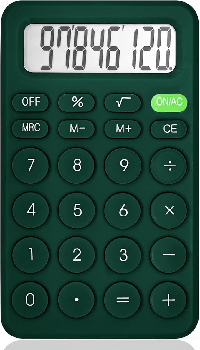Cute Basic Four Function Calculator for Teachers & Students - Small Handheld, 8 Digit LCD Display, Sensitive Buttons, 5.5 x 3.2 inches, Deep Green