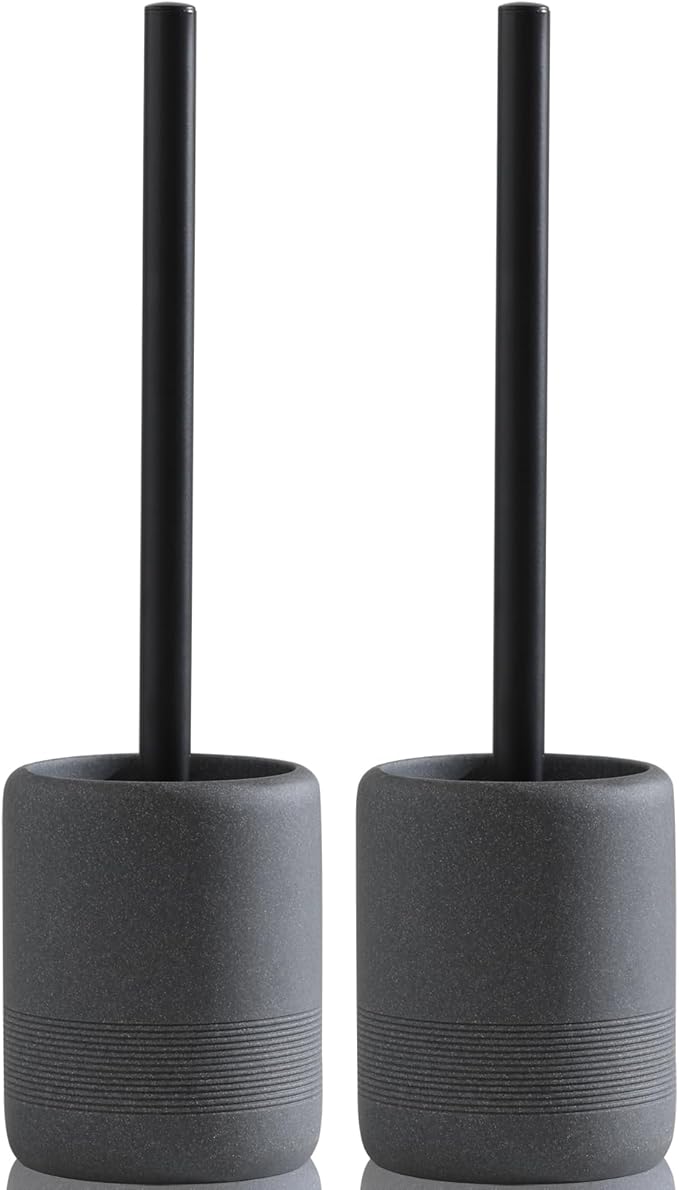 Haocoott Toilet Brush and Holder Set, 2 PCS Decorative Toilet Bowl Brush and Holder Set Bathroom Aceessories Toilet Scrubber Brush Set with Heavy-Weight Resin Base with Long Handle (Black)