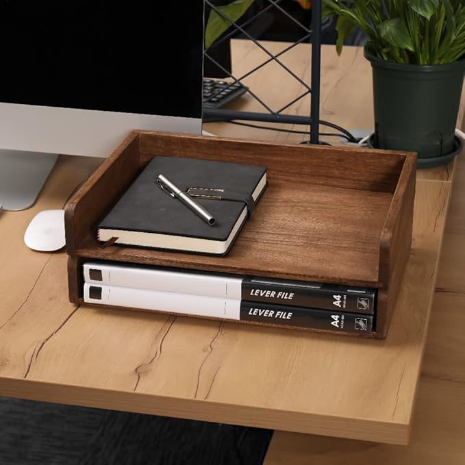 Desktop File Trays Stackable Paper Tray for Letter/A4 Size Magazine - Wood Office Document Organizer Shelf - Wooden Folder Organization Rack Desk Tray Pack of 2 Dark(2CTP-DK)