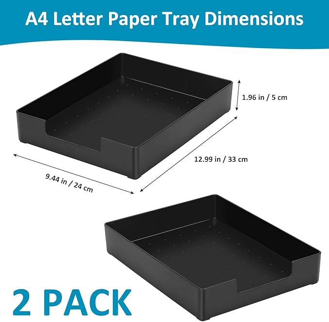 Stackable Letter Tray Paper Organizer, A4 Size Desk Holder for Letter Paper/Stationery/Desk Accessories, Black Holder File Organization for Office, School, Home Storage (2 Pack)