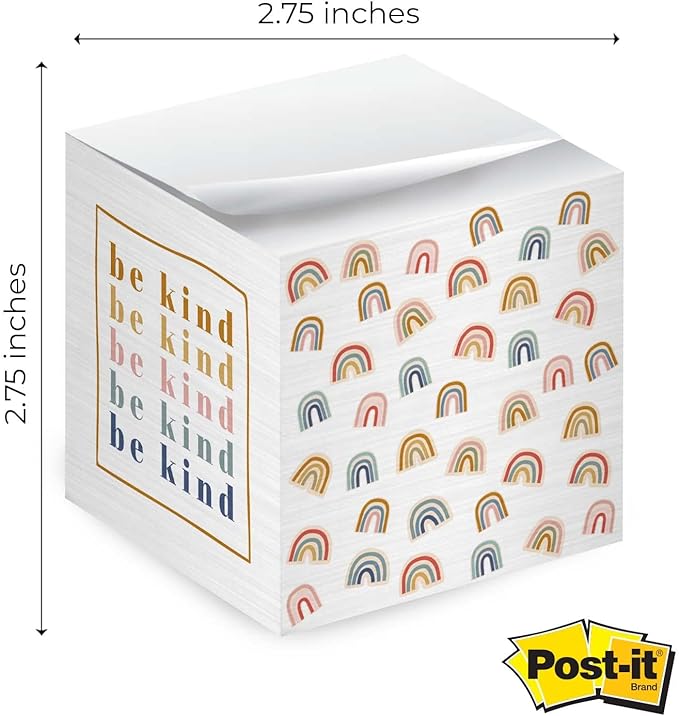 Be Kind Modern Rainbow Sticky Note Cube / 600 Sheets / 2.75" Memo Block Printed on 4 Sides/Different Boho Rainbow Design On Each Side/Made in The USA