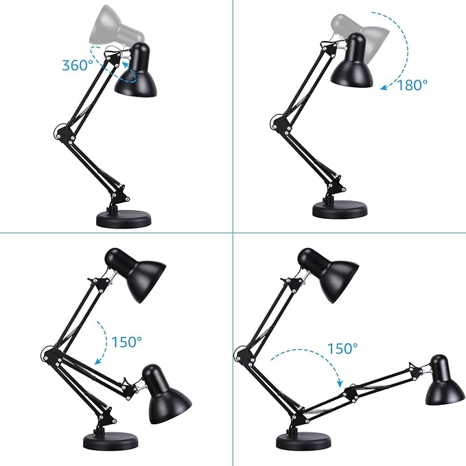 TORCHSTAR Metal Desk Lamp with Clamp, Swing Arm, Architect Adjustable Gooseneck Table Lamp, Clip Desk Lights for Home Office, Work, Study, Reading, E26 Base, Multi-Joint, Black