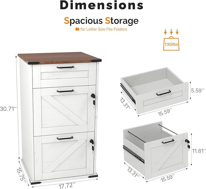 VINGLI 3 Drawer File Cabinet with Lock, Home Office Filing Organizer, for Letter Size File Folder Storage, Modern Farmhouse Style, Wood Vertical Filing Cabinet, Archivador (Rustic White & Brown)
