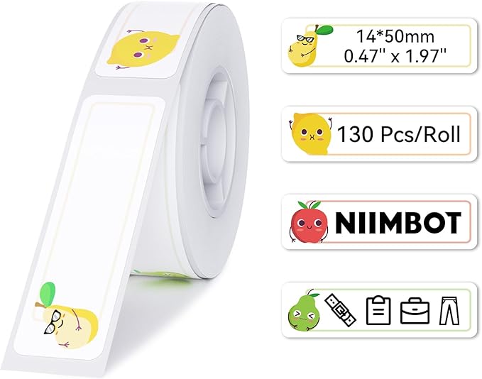 NIIMBOT D11 Label Maker Tape D110 Label Paper, Self-Adhesive Labeling Tape Replacement 0.55" X 1.97" (14 X 50mm) Thermal Label Tape for School Home, 130 Labels/Roll, Fruit Color