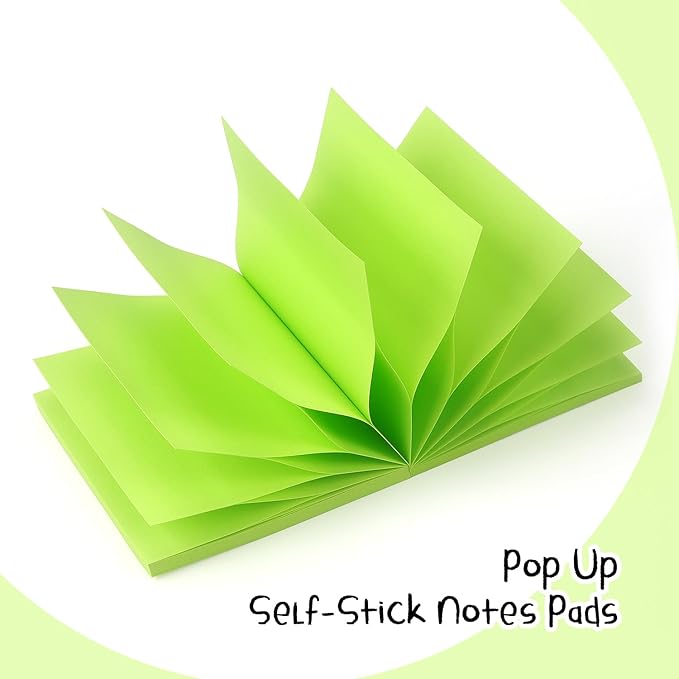 Sticky Notes 3x3 Pop Up Self-Stick Notes Pads with Bright Colors, Easy to Post for Office, School, Home, 4 Pads/Pack, 90 Sheets/Pad (Green)