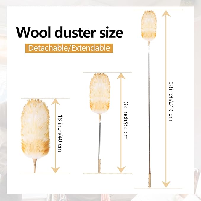 Lambswool Extendable Duster 32-98 Inch, Anti-Static Flexible Head, Stainless Steel Pole for High Ceilings, Fans, Interior & Roof Dusting(Two Pack)