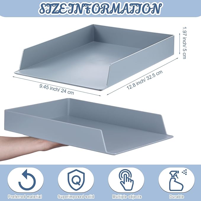 Wenqik 6 Pcs Stackable Paper Trays Rectangular Plastic Desk Holder Desktop Document File Organizer Storage Letter for Office Classroom (Gray)