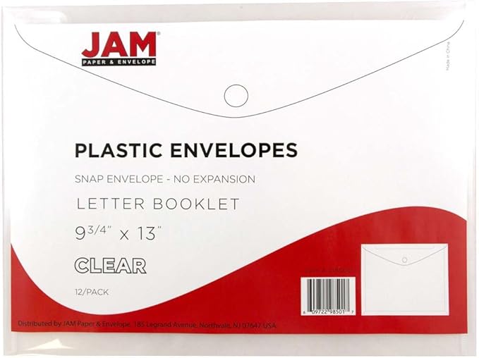 JAM PAPER Plastic Envelopes with Snap Closure - Letter Booklet - 9 3/4 x 13 - Clear - 12/Pack